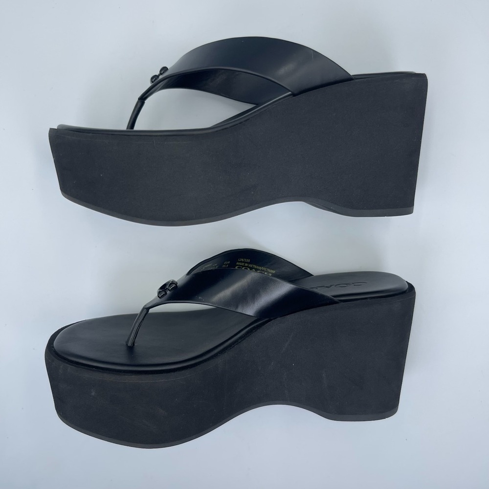 Coach Sculpted C Women's 5B Black Leather Platform Flip Flop Sandals